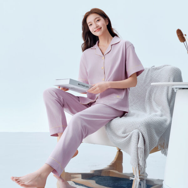 女全棉翻领短袖长裤套装