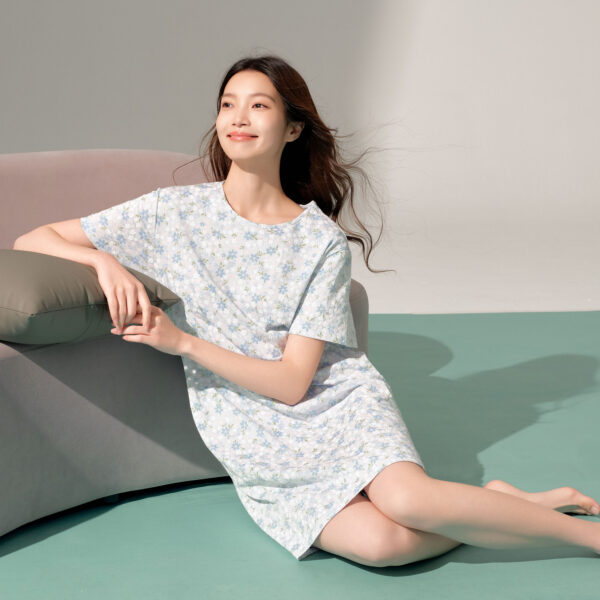 女全棉印花圆领短袖连衣裙